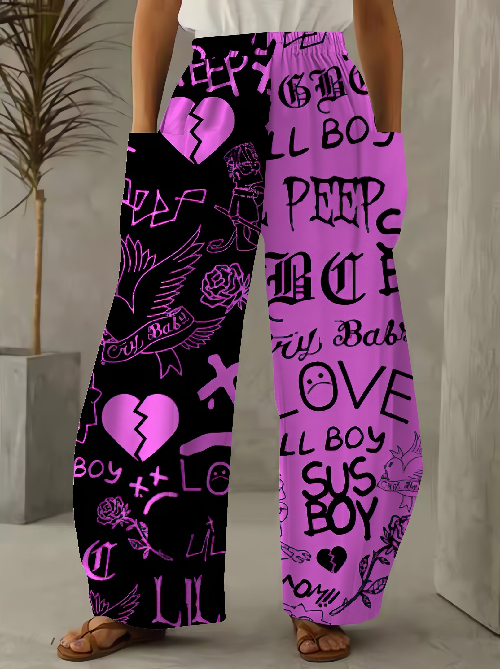 Women'S High-Waisted Casual Palazzos, 3D Heart & Letter Print, All-Over Pattern, Loose Fit, Wide Leg, Long Length, Non-Stretch Polyester, 120g/m², Woven Fabric, All-Season, with Pockets, Trendy Dance & Sport Style